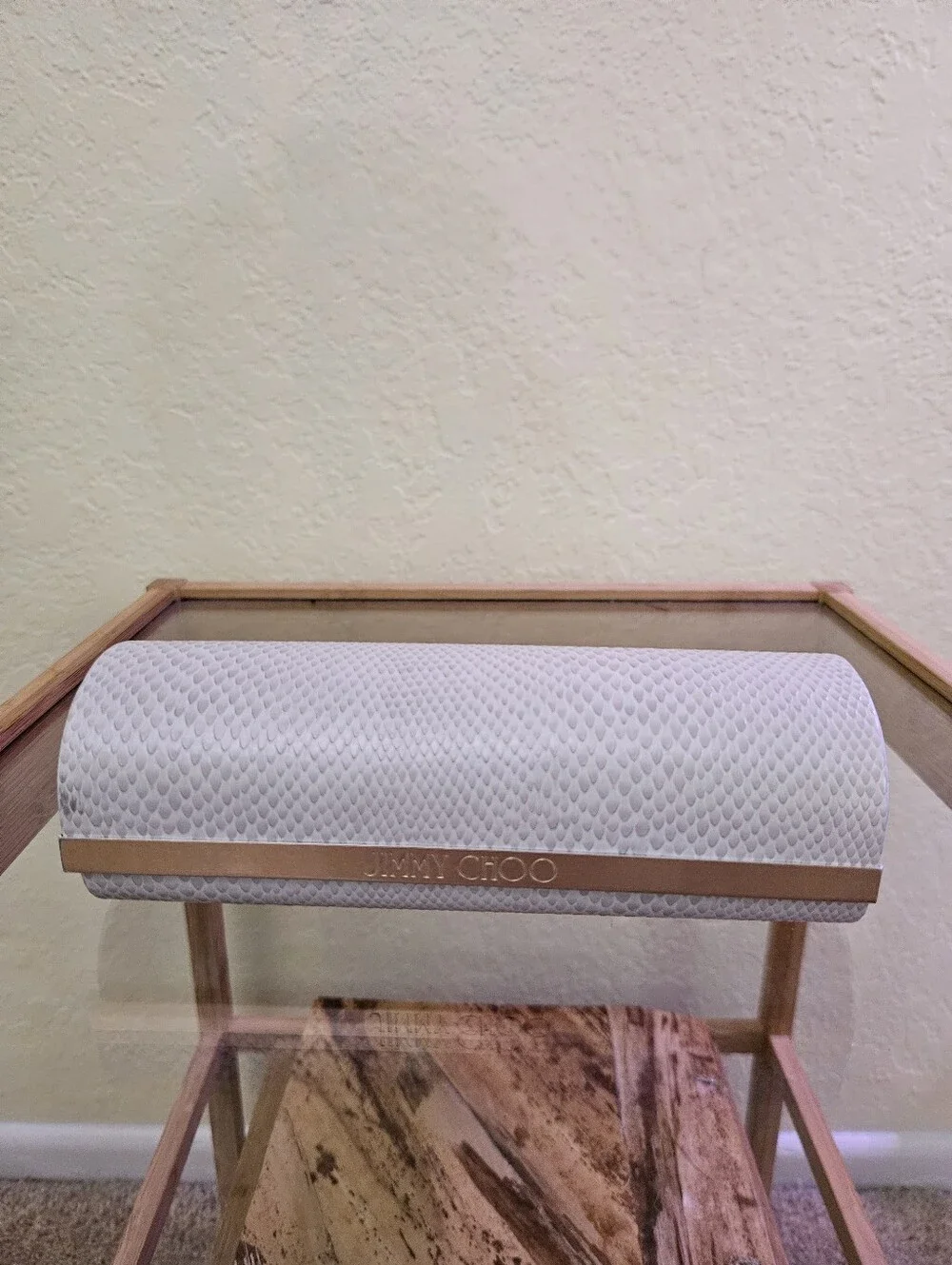Jimmy Choo White Textured Eye glass / Sunglasses case with Cream Trim